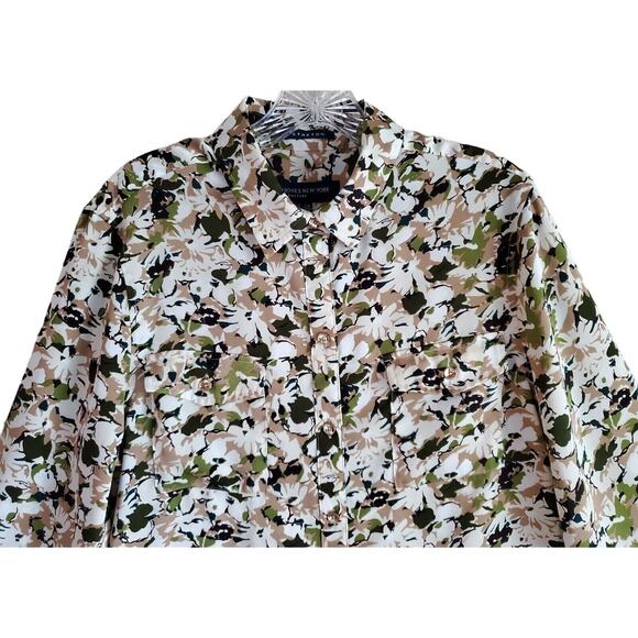 JONES NEW YORK L Shirt Button Up Long Roll Tab Sleeve Green Beige Satiny Bust 42 - Picture 2 of 8